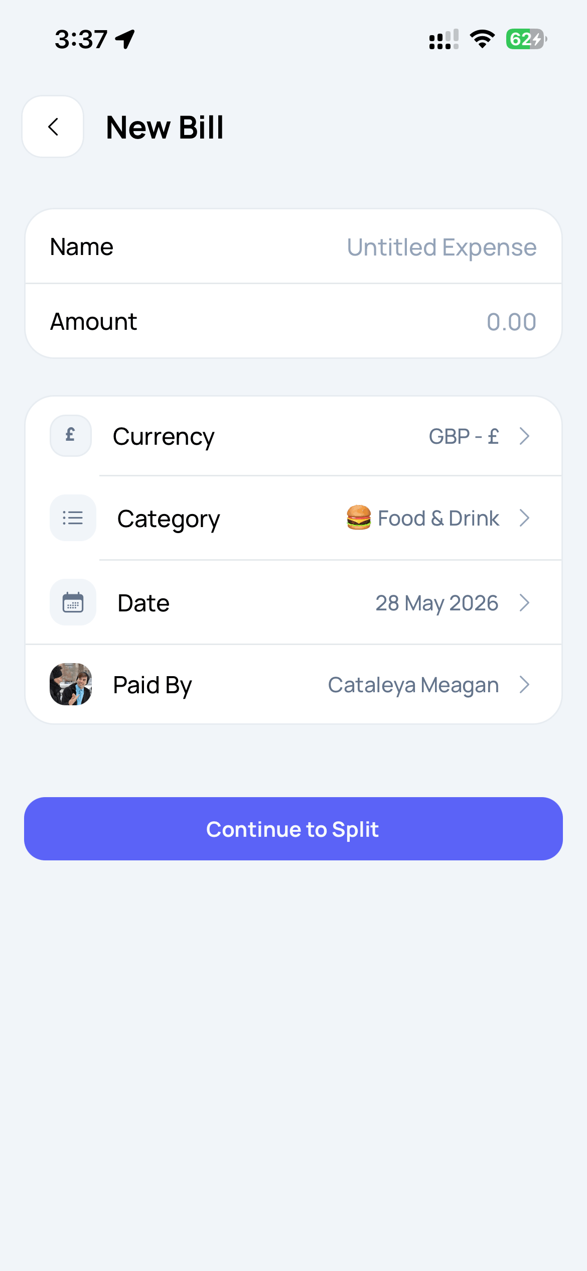 Bill Split new bill details screen